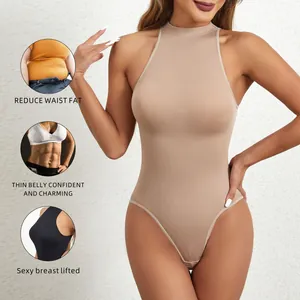 Sleeveless high-neck ribbed shapewear bodysuit for women with tummy control and breast lift