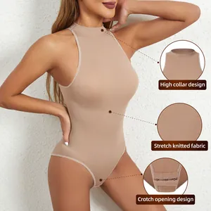 Slim fit sleeveless high neck knitted bodysuit shapewear with crotch opening design