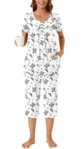 Comfortable women's pajama set with cute koala print, button neck top and soft pants