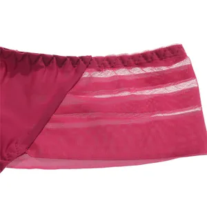 Detailed macro view of wine red ice silk thong featuring seamless mesh stripe texture