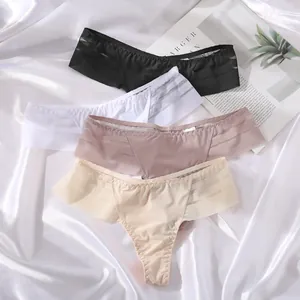 Detailed view of ice silk thongs with striped mesh and lace trim in various colors
