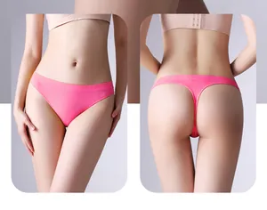 Detailed front and back view of a pink seamless thong with a wide comfortable waistband.