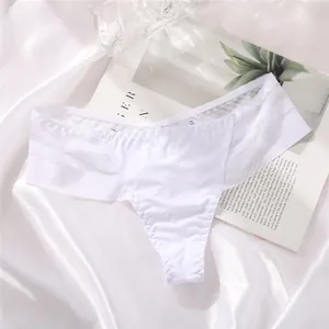 Close-up of white seamless ice silk thong with striped mesh side panels on satin fabric