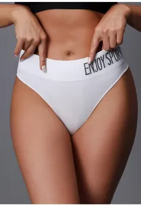 Detailed view of a white seamless athletic thong featuring Enjoy Sport waistband