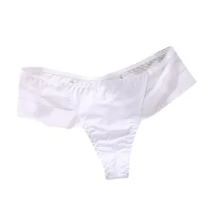 Elegant white seamless ice silk thong for women with low waist and striped lace details