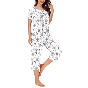 Women's two-piece loungewear pajama set with cute koala print and buttoned round neck
