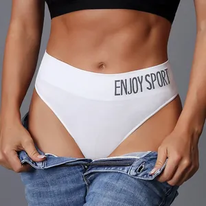 Women Seamless Sport Thong With Enjoy Sport Letter Printed Wide Waistband Breathable Nylon Thong Mid Waist Fitness Underwear