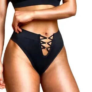 Sexy black high-waisted seamless sport underwear with front lace-up hollow gold ring design