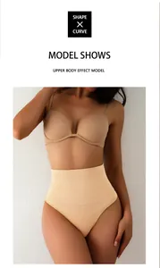 Close-up view of a model wearing high-waisted tummy control thong in nude color