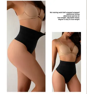 Detailed view of high-waist abdominal toning thong with breathable elastic fabric.
