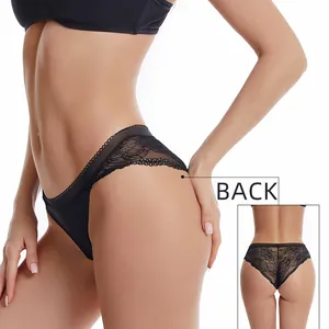 Elegant black seamless ice silk panties with lace details, front and back views
