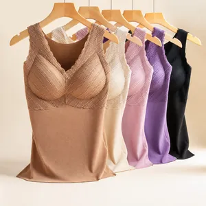 Thermo-Unterhemd für Damen Mit Integriertem BH Doppelseitig Gebürstet Nahtlos Camisole V-Ausschnitt Spitze Winter Warm Top