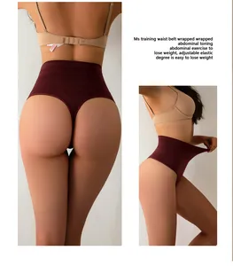 Detail view of high waist abdominal shaper thong in maroon with breathable mesh texture