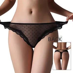 Slip sexy in pizzo nero e mesh a pois con inserto vista posteriore per donna elegante