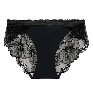 Elegant black seamless ice silk panties for women featuring floral hollow lace panels