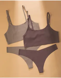 Detailed view of seamless breathable bra and thong sets in elegant earthy color tones