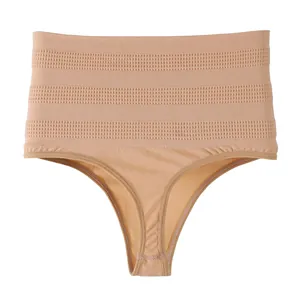 Women's beige high-waisted tummy control thong shaper with breathable mesh pattern