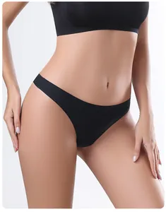 Close-up detail of black seamless ice silk thong underwear showing soft texture and fit