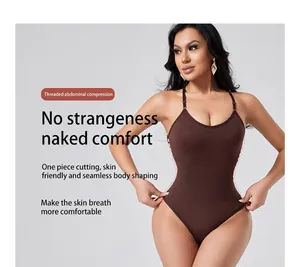 Detail of brown seamless shapewear bodysuit with thin straps providing tummy control and comfort