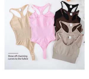 Selection of seamless racerback thong bodysuits in various colors with ribbed waist detail