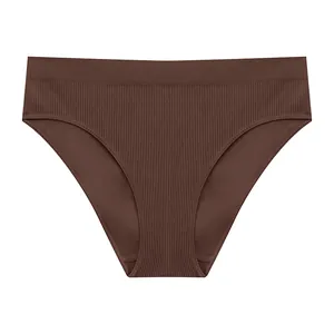 Comodi slip da donna a costine marroni a vita bassa con morbido tassello in cotone