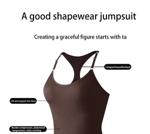 Detail view of a brown racerback shapewear bodysuit with advanced tummy control features.