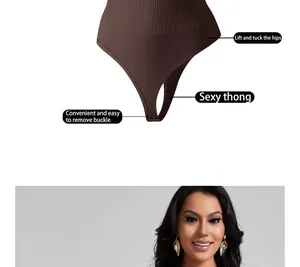 Detailed view of brown thong shapewear bodysuit with convenient snap crotch closure