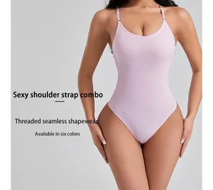 Detail view of lavender threaded seamless shapewear bodysuit with thin adjustable straps