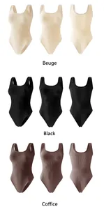 Seamless ribbed yoga bodysuit in beige, black, and coffee with multiple perspectives