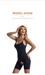 Detailed show of black one-piece shapewear with thin straps and open crotch design