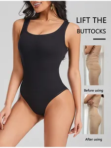 Detailed view of seamless ribbed tummy control bodysuit showing butt-lifting effect comparison