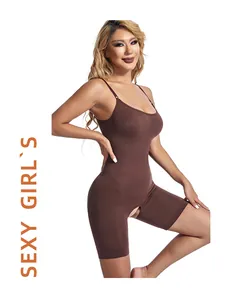 Detailed view of seamless brown shapewear bodysuit on model showing waist contouring