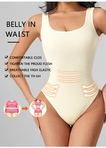 Professional detail of ribbed seamless shapewear bodysuit with tummy control effect.