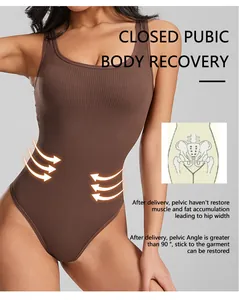 Detailed view of brown ribbed seamless shapewear bodysuit for postpartum body recovery