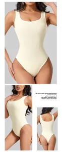 Macro view of seamless cream ribbed bodysuit with tummy control and multiple angles