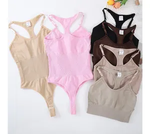 Detailed view of seamless bodysuits and crop tops in neutral tones and soft pink.