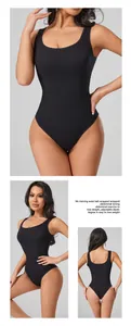 Three views of a black seamless ribbed bodysuit for fitness and yoga body shaping
