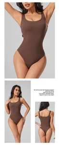 Multi-angle detail views of brown ribbed seamless bodysuit for fitness and shaping