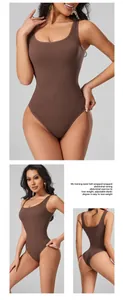 Detailed view of seamless ribbed brown bodysuit for yoga and abdominal shaping