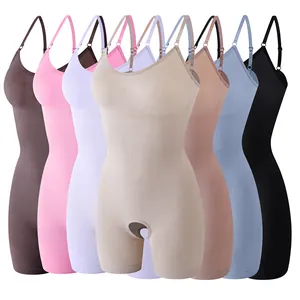 Seamless tummy control shapewear bodysuit with adjustable straps and open-crotch design.