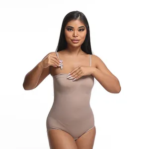 Seamless one-piece tummy control bodysuit shapewear for women in nude beige color