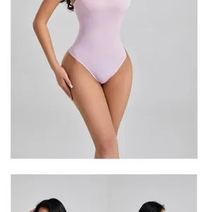 Sleeveless lavender pink seamless bodysuit shapewear shown on model for tummy control