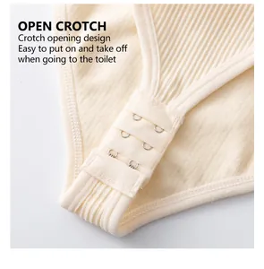 Detail view of a ribbed seamless bodysuit featuring an adjustable open crotch design.
