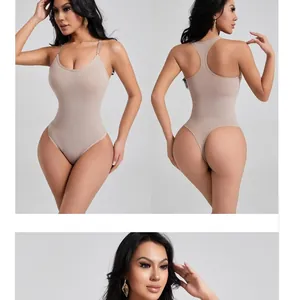 Detail views of seamless nude bodysuit shapewear with racerback and thong design.
