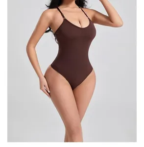 Premium brown seamless slimming bodysuit with ribbed tummy control panel for women