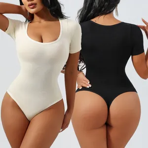 Seamless short sleeve thong bodysuit shaper for women in classic black and beige