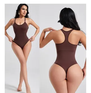 Professional brown racerback shapewear bodysuit with thong back, front and back views