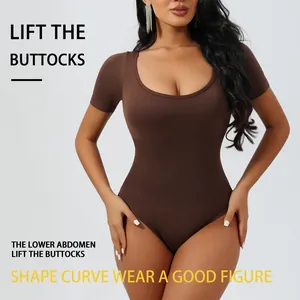 Seamless short sleeve thong bodysuit shapewear for tummy control and butt lifting.