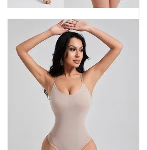 Premium beige seamless thong bodysuit shapewear featuring adjustable thin straps
