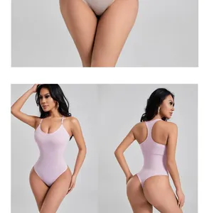 Detailed view of light purple ribbed shapewear bodysuit with thong cut and racerback